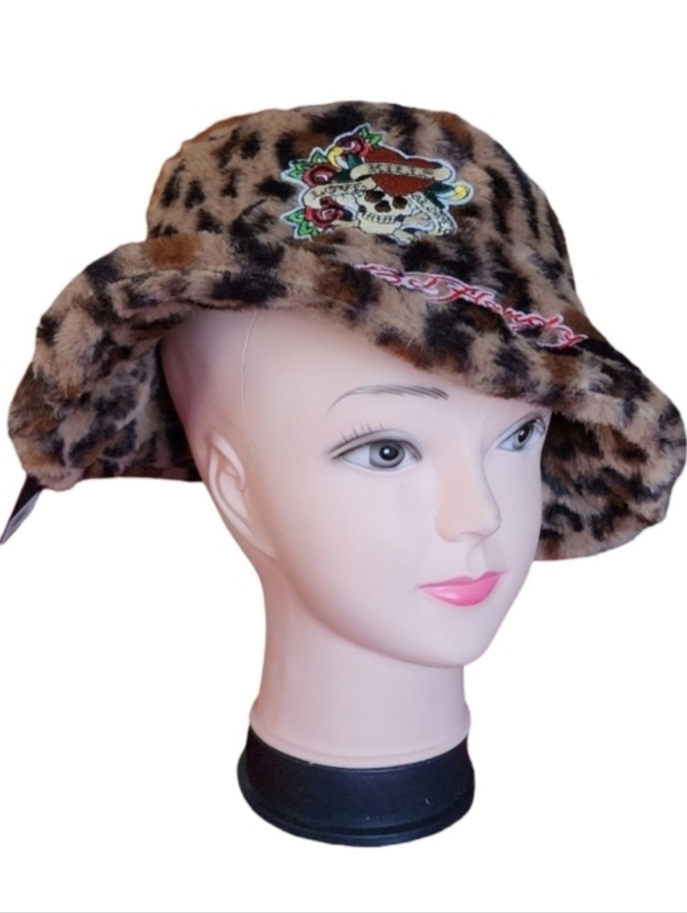 Ed Hardy Leopard Faux Fur Bucket Hat Skull Roses Y2K Tattoo One Size